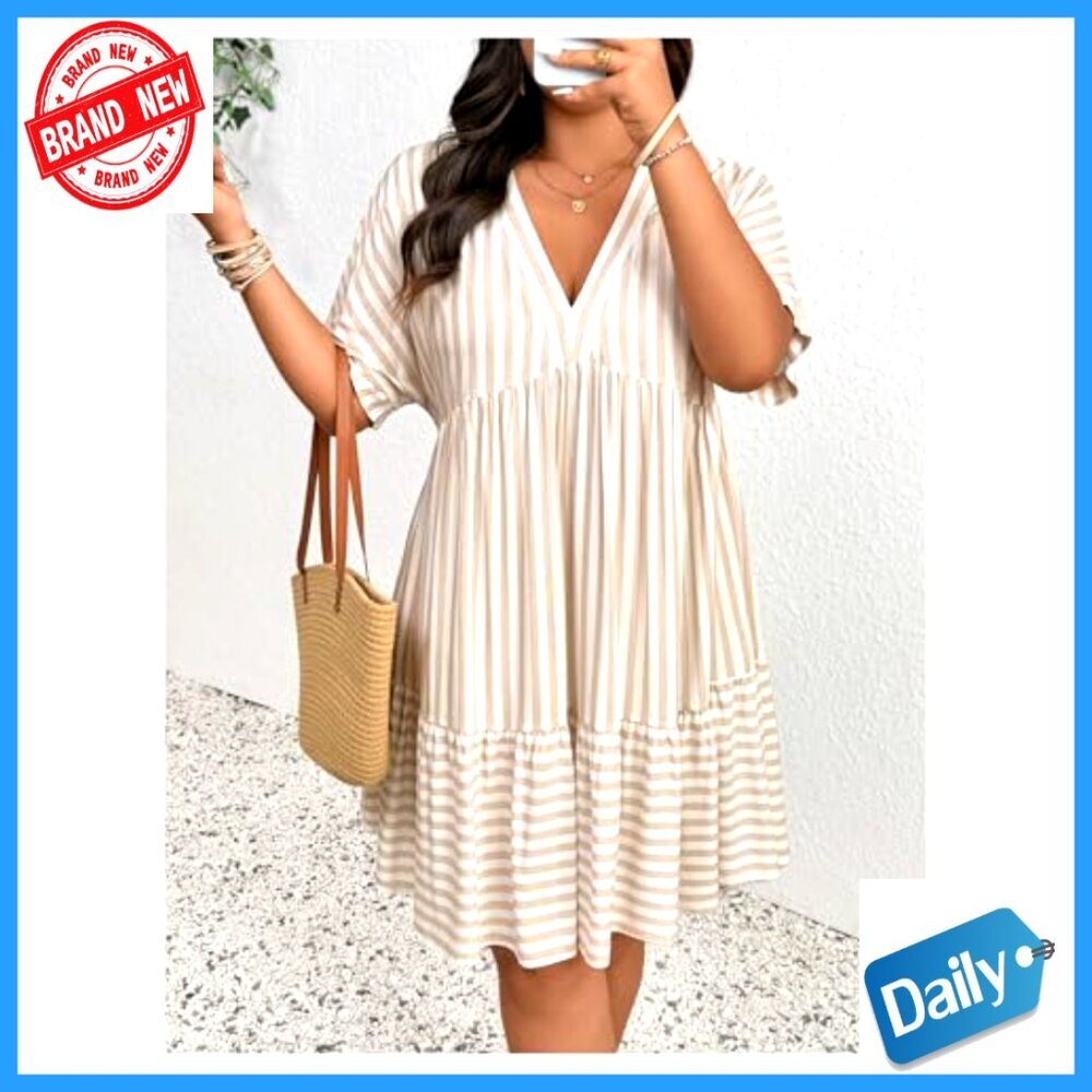 Plus Size Striped Ruffle Dress Deep V Neck Half Sleeve Flowy Babydoll - Picture 5 of 5